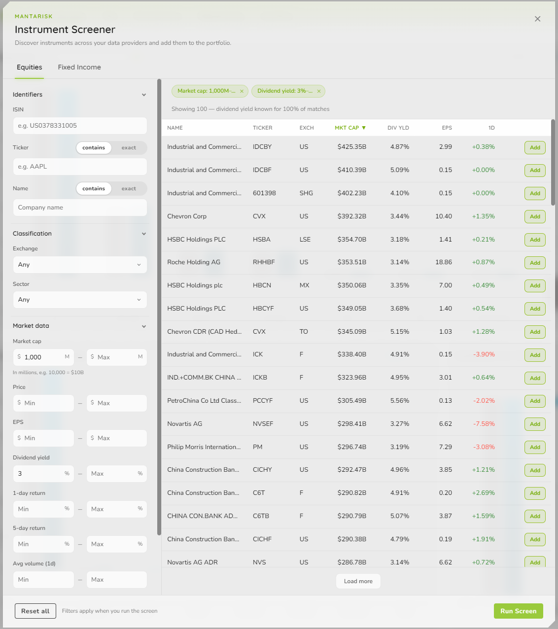 Instrument Screener showing the Equities tab